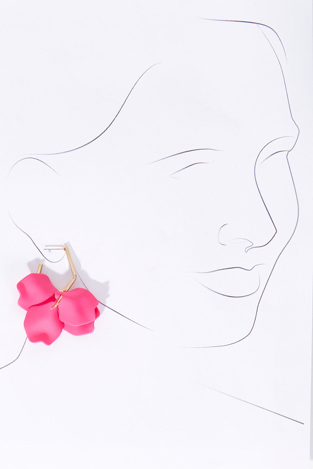 A model wearing size OneSize of the Medium Drop Multi Leaf Earring in colour Pink (Pink), from the front, showing the whole outfit