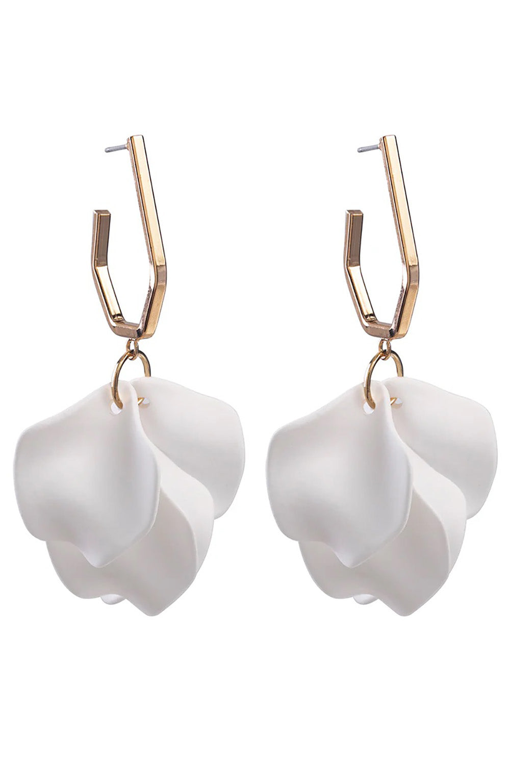 A model wearing the Medium Drop Multi Leaf Earring in colour White (White), from the front, showing the whole outfit