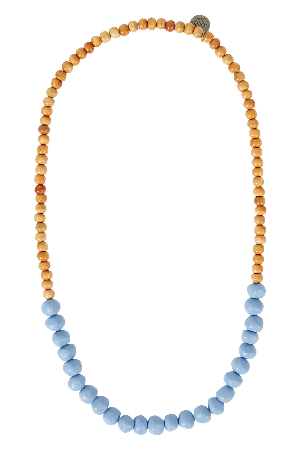 Product shot of the Mini Wood & Rock Necklace in colour Jacaranda (Blue), from the front