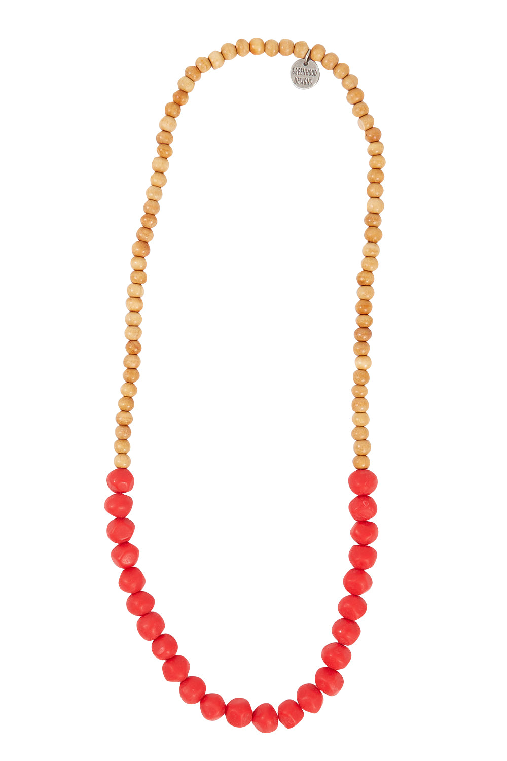 Product shot of the Mini Wood & Rock Necklace in colour Red (Red), from the front