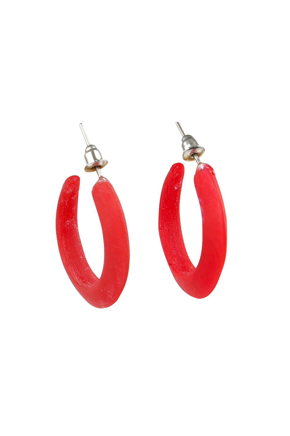 Product shot of the Point Finish Resin Hoop Earring in colour Red (Red), from the front