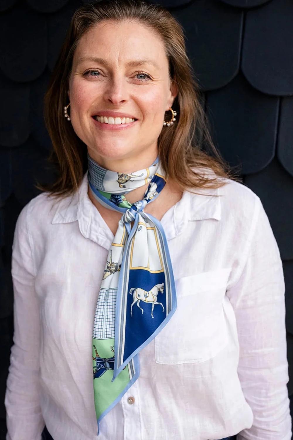Model Genericm wearing size sample of the Satin Neck Scarf - Horsingblue in colour Horsingblue, in a cropped view