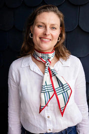 Model Genericm wearing size sample of the Satin Neck Scarf - Redcheck in colour Redcheck, in a cropped view