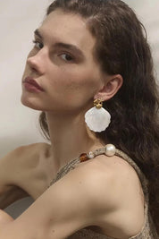 Product shot of the Shelley Pearl Scallop Earring - White in colour White, from the back