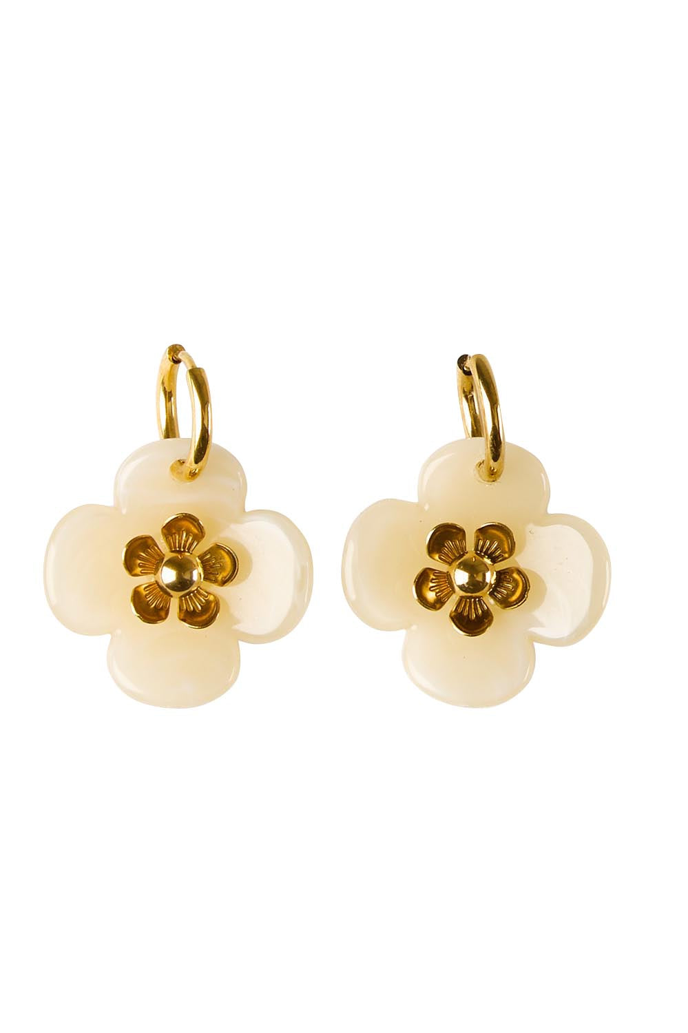 Product shot of the Willa Flower Hoop Earring - Cream in colour Cream, from the front