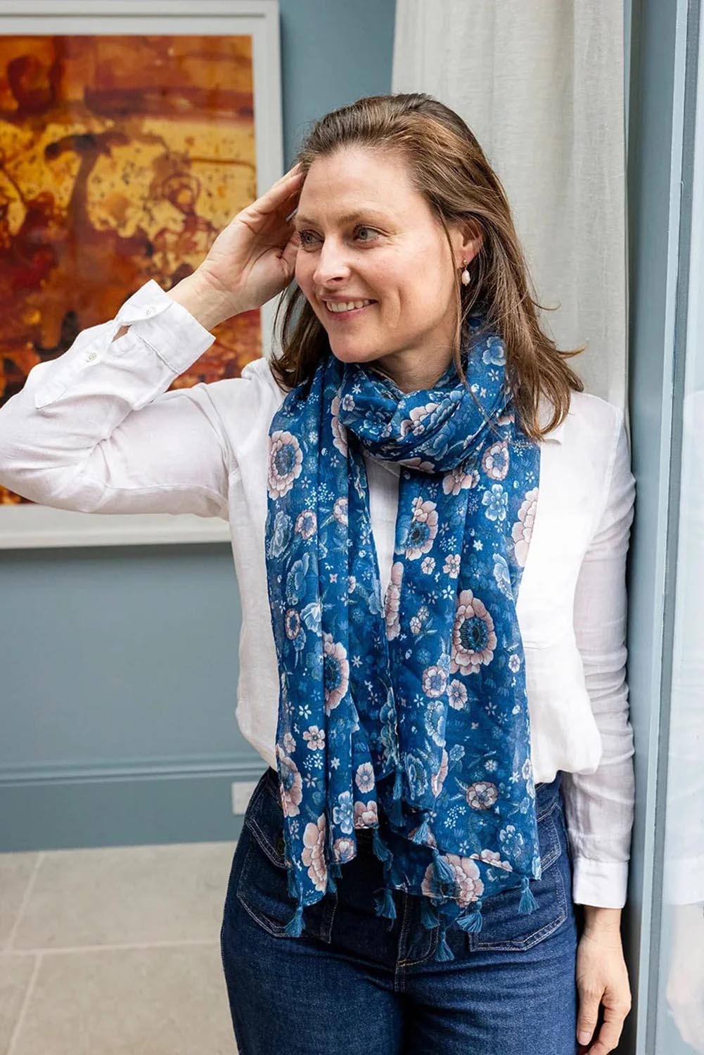 Model Genericm wearing size sample of the Zinnia Lightweight Scarf - Pinkblue in colour Pinkblue, from an angle
