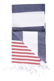 Product shot of the Hammamas Reef Cotton Towel in colour RaspNavy (Blue), from the front