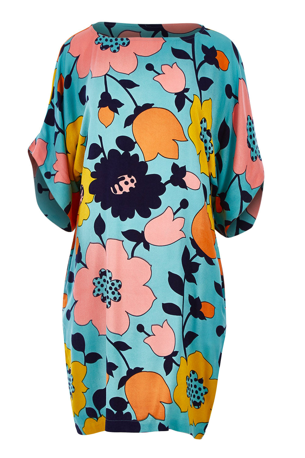 Product shot of the Bell Sleeve Tunic Dress in colour Flower (Blue), from the front