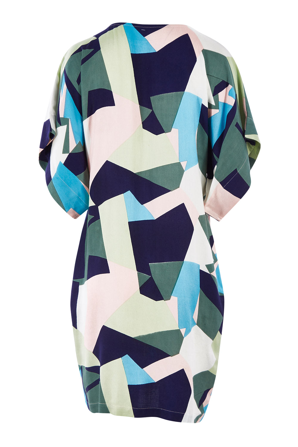 Product shot of the Bell Sleeve Tunic Dress in colour Geo (Blue), from the back