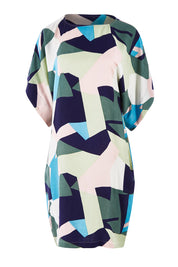 Product shot of the Bell Sleeve Tunic Dress in colour Geo (Blue), from the front