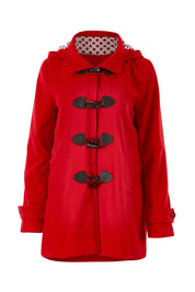 Product shot of the Duffle Jacket in colour Red (Red), from the front