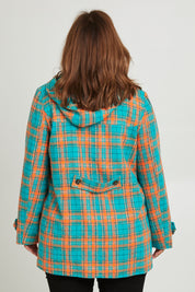 Model Monique wearing size 14 of the Duffle Jacket in colour Checkered (Green), from the back
