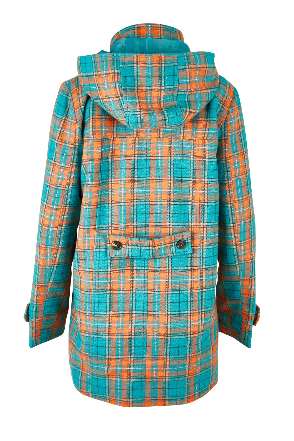 Product shot of the Duffle Jacket in colour Checkered (Green), from the back