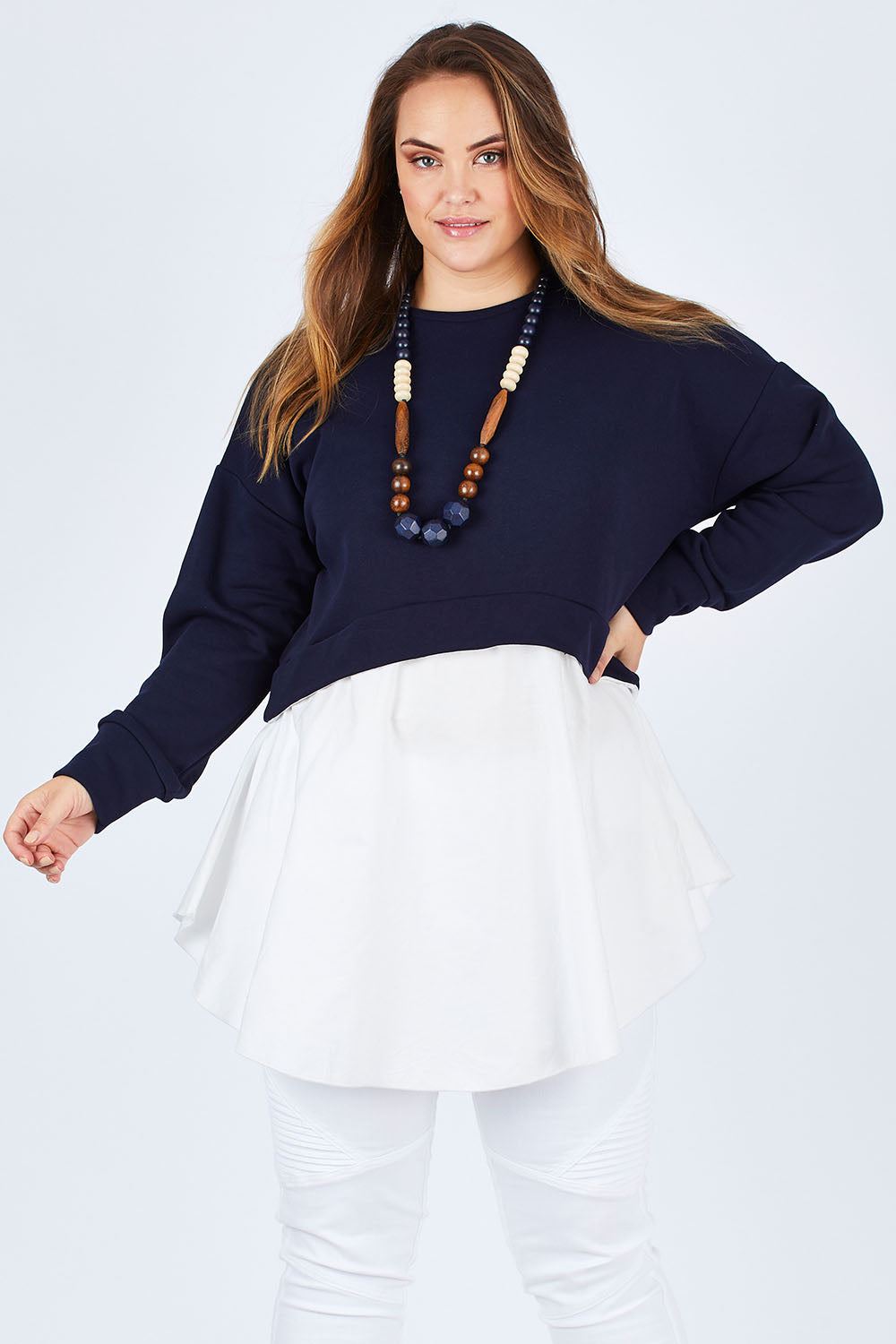 Model Sophie wearing size 14 of the Weekend Tunic in colour Navy (Blue), from the front, cropped image