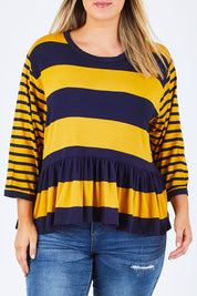 Model Jess wearing size 14 of the Hem Frill Stripe Top in colour SoFrilled (Blue), from the front, cropped image