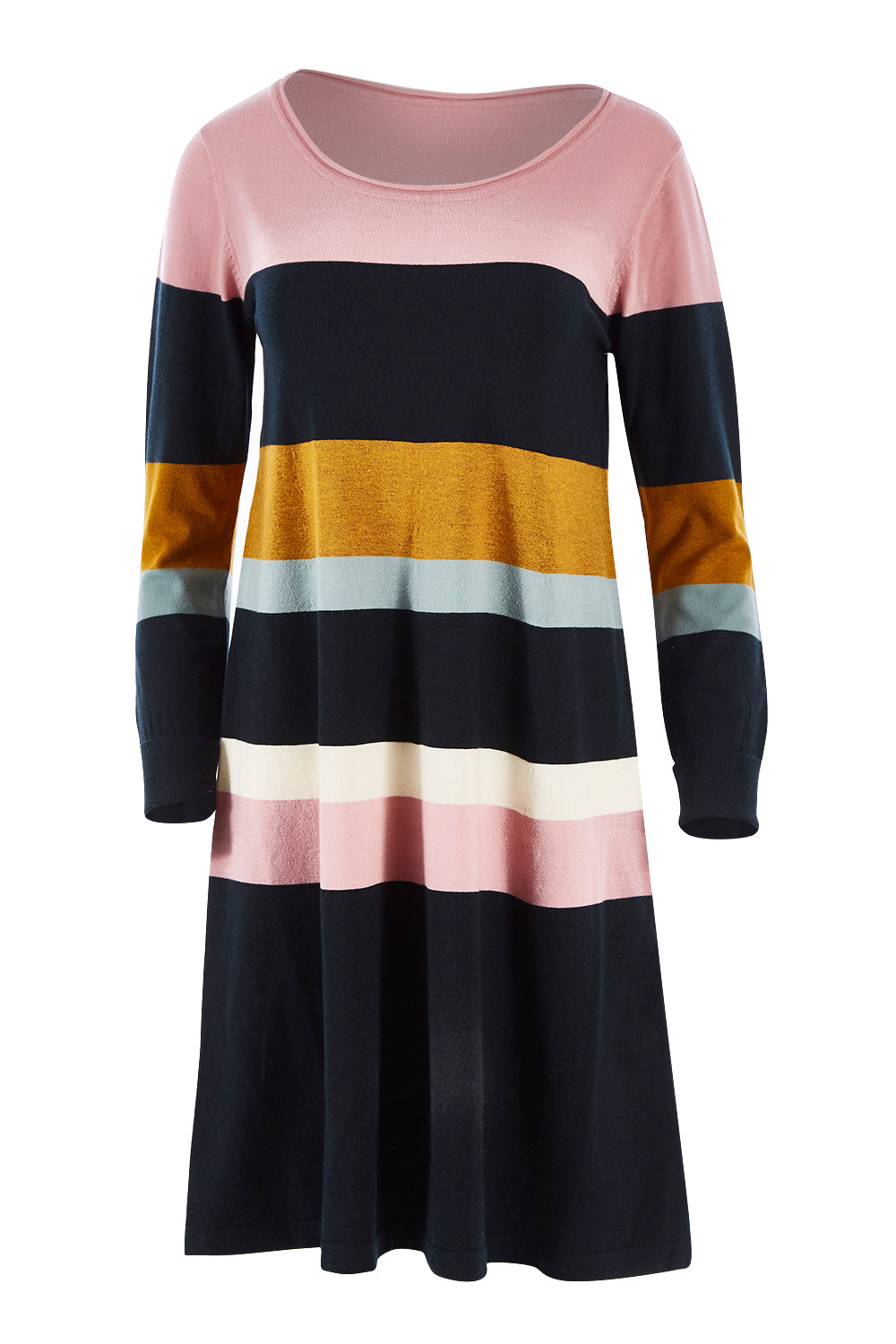 Product shot of the Knit Stripe Dress in colour Mixstripe (Green), from the front