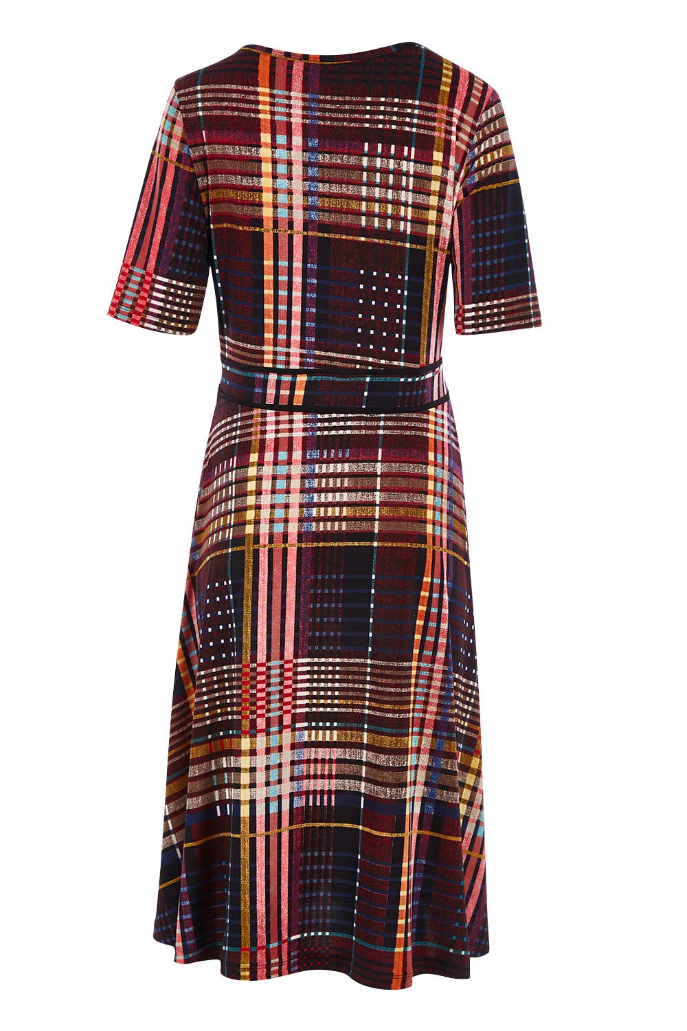 Product shot of the Printed Short Sleeve Faux Wrap Dress in colour Checked (Black), from the back