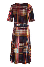 Product shot of the Printed Short Sleeve Faux Wrap Dress in colour Checked (Black), from the back