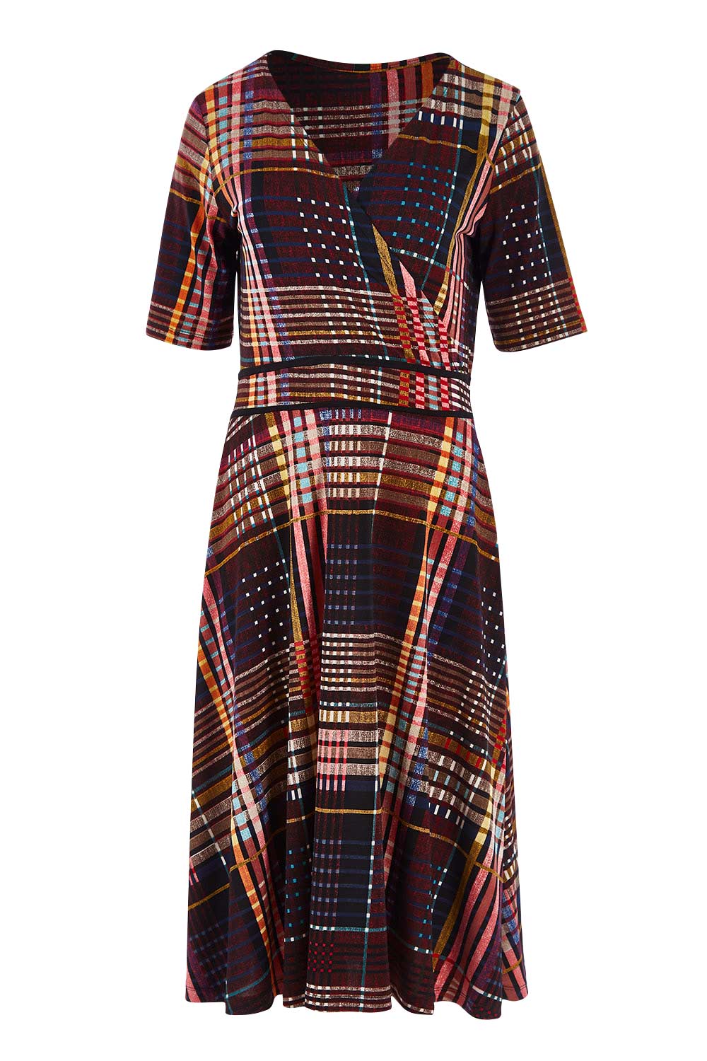 Product shot of the Printed Short Sleeve Faux Wrap Dress in colour Checked (Black), from the front