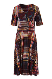 Product shot of the Printed Short Sleeve Faux Wrap Dress in colour Checked (Black), from the front