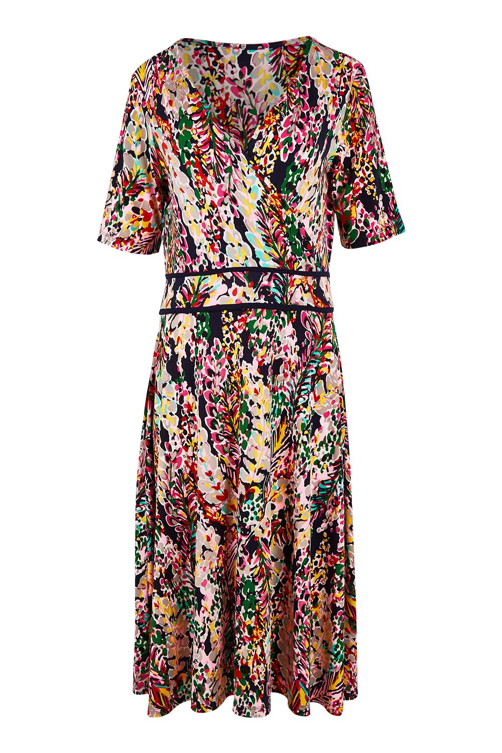Product shot of the Printed Short Sleeve Faux Wrap Dress in colour Colourful (Blue), from the front