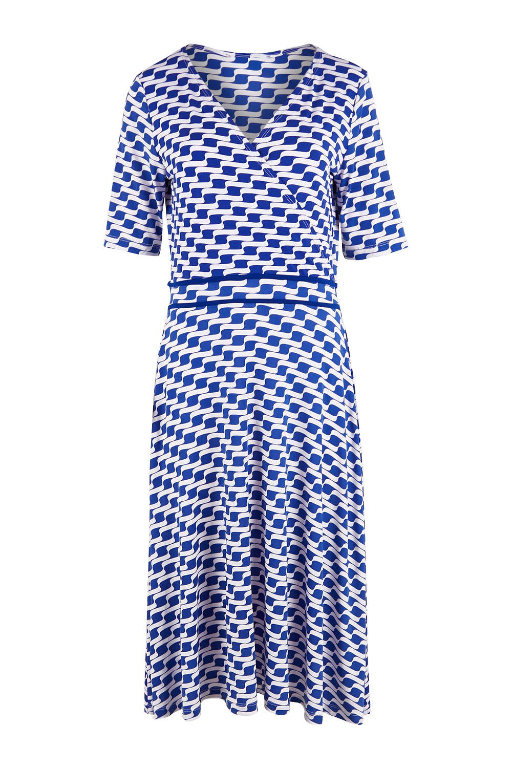 Product shot of the Printed Short Sleeve Faux Wrap Dress in colour Waves (Blue), from the front