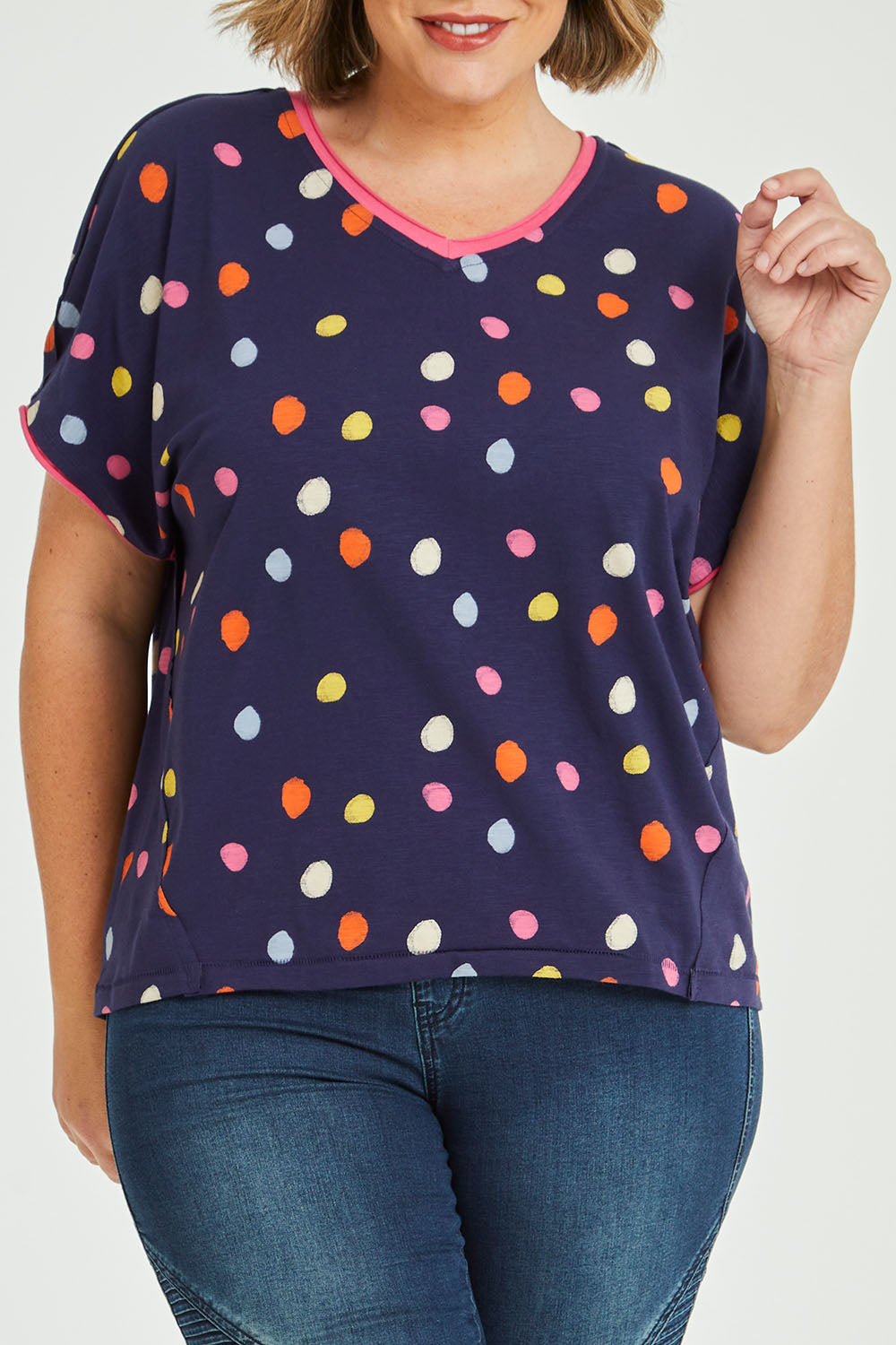 Model Fiona wearing size 16 of the Multi Spot Tee in colour Multispot (Blue), from the front, cropped image