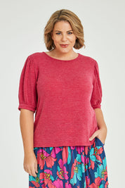 Model Fiona wearing size 16 of the Gathered Sleeve Top in colour Hotpink (Pink), from the front, cropped image