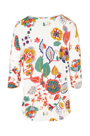 Product shot of the Printed 3/4 Sleeve High Low Hem Top in colour Flora (White), from the back