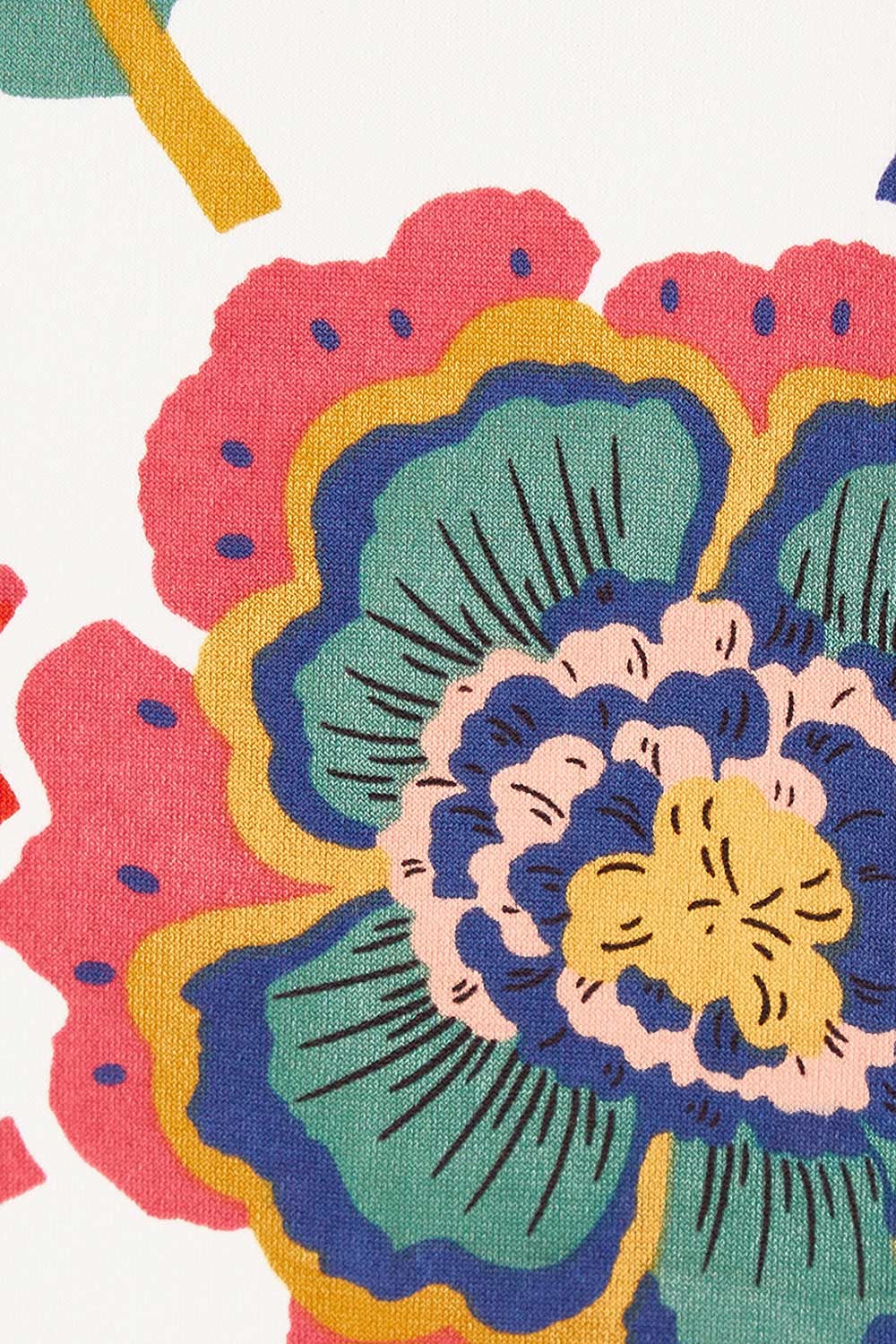Product shot of the Printed 3/4 Sleeve High Low Hem Top in colour Flora (White), detail