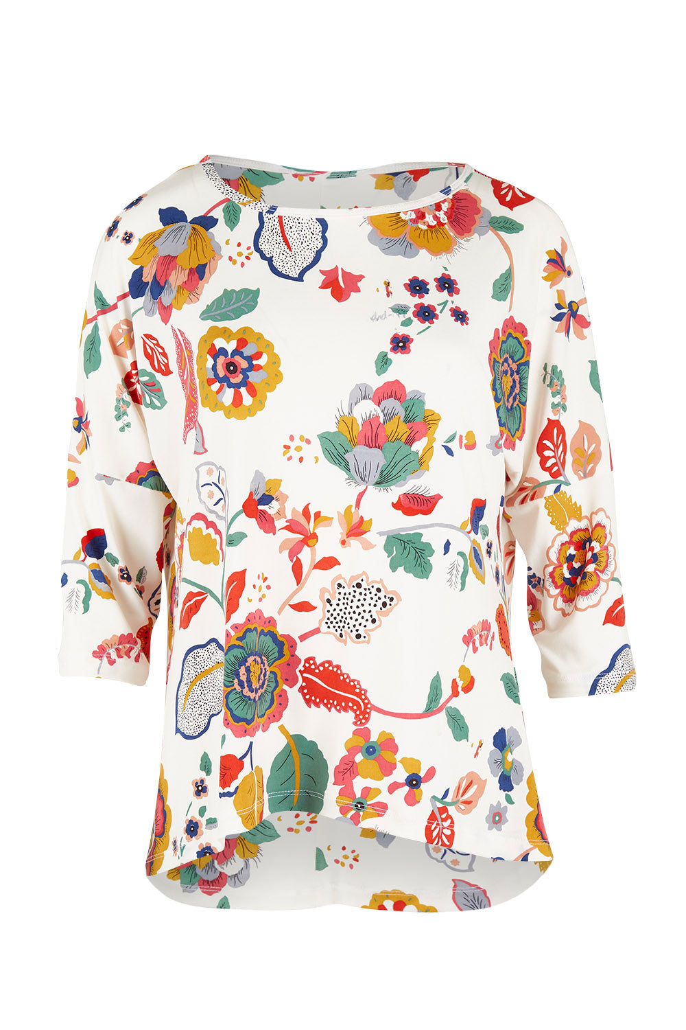 Product shot of the Printed 3/4 Sleeve High Low Hem Top in colour Flora (White), from the front