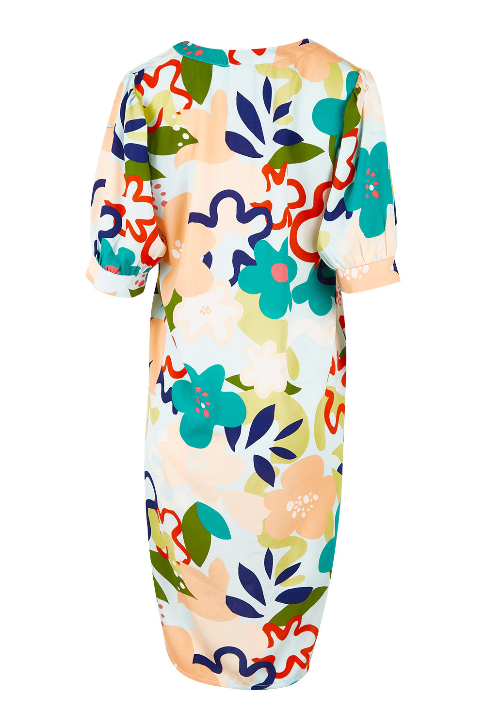 Product shot of the V Neck Gathered Sleeve Calf Length Dress in colour Blossoms (Blue), from the back
