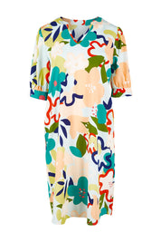Product shot of the V Neck Gathered Sleeve Calf Length Dress in colour Blossoms (Blue), from the front