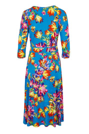 Product shot of the Printed 3/4 Sleeve Faux Wrap Dress in colour Garden (Blue), from the back
