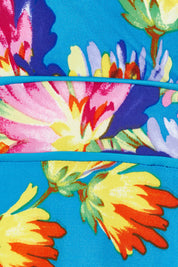 Product shot of the Printed 3/4 Sleeve Faux Wrap Dress in colour Garden (Blue), detail