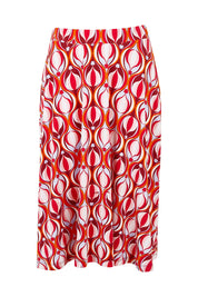 Product shot of the Printed Calf Length Gathered Waist Skirt in colour Balloons (Pink), from the front