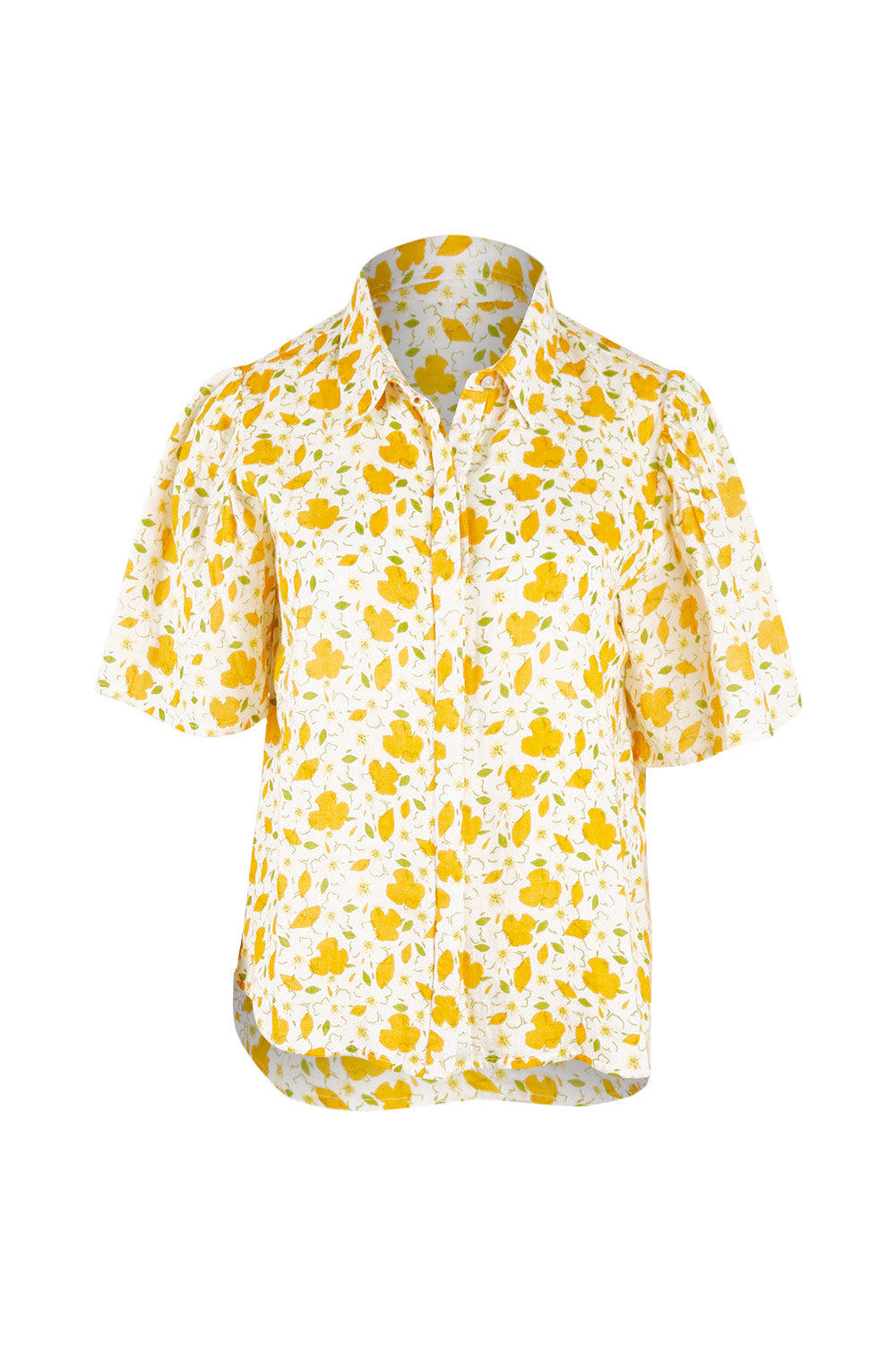 Product shot of the Printed Button Thru Blouse in colour Goldfloral, from the front