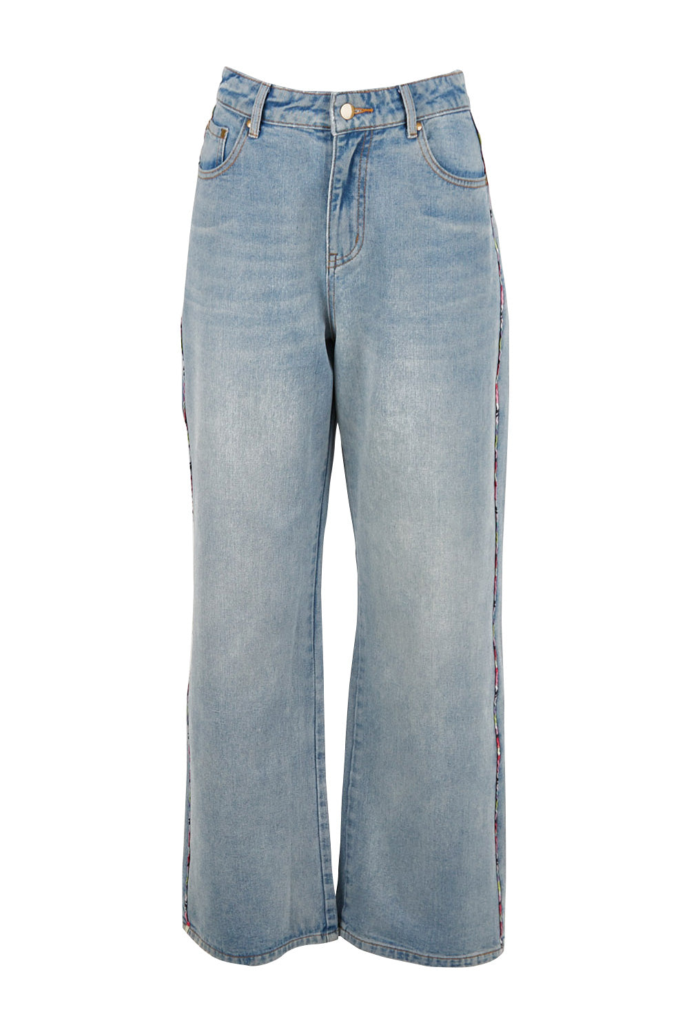Product shot of the Patch Denim High Waisted Jeans in colour Denim (Blue), from the front