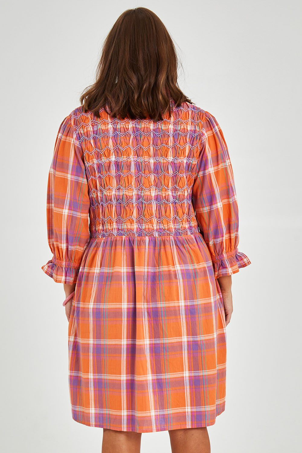 Model Monique wearing size 14 of the Shirred Bodice Detail Dress in colour Checked, from the back