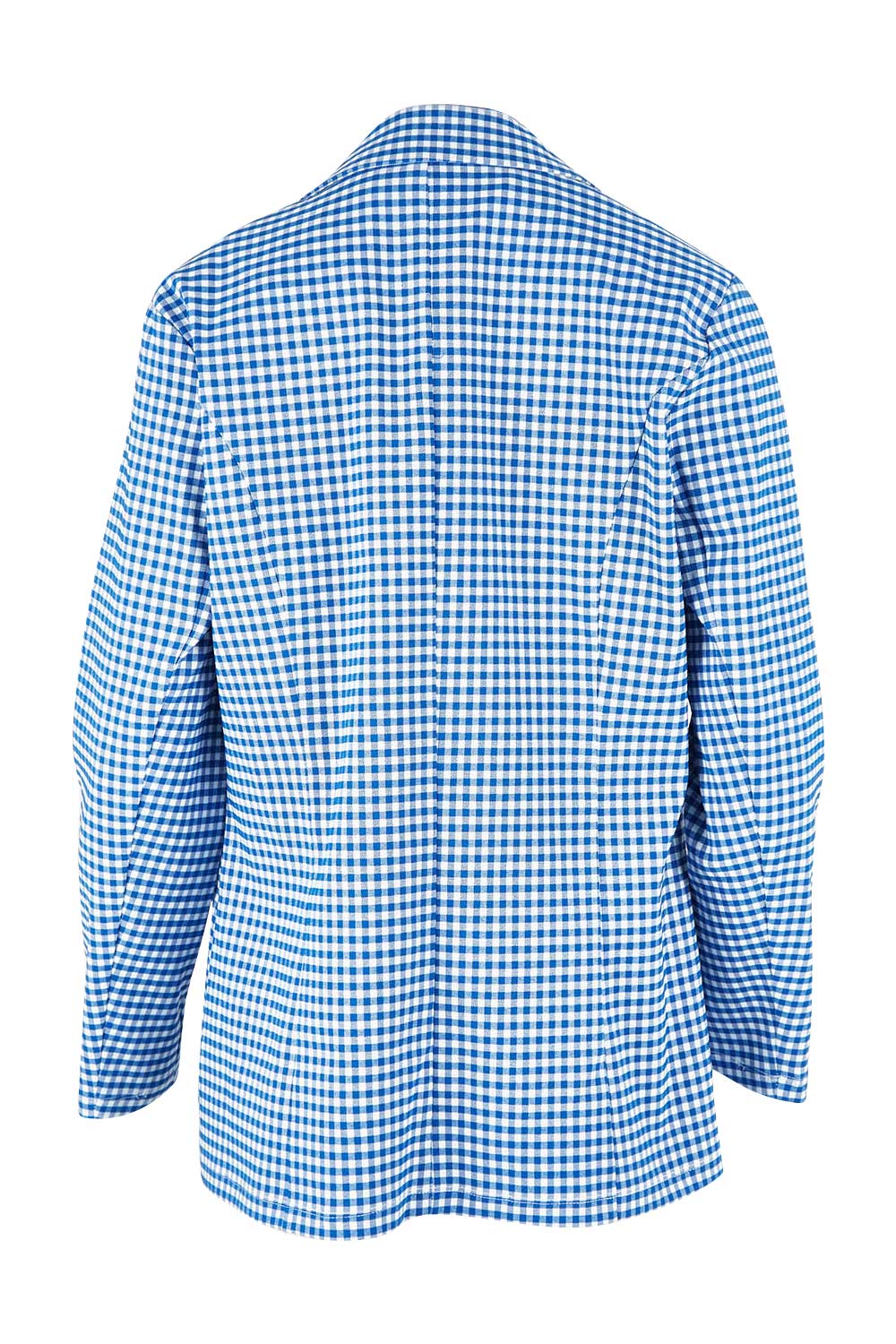 Product shot of the Long Line Blazer in colour Bluecheck (Blue), from the back