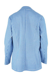 Product shot of the Long Line Blazer in colour Bluecheck (Blue), from the back