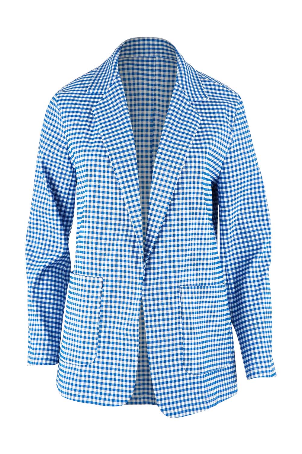 Product shot of the Long Line Blazer in colour Bluecheck (Blue), from the front