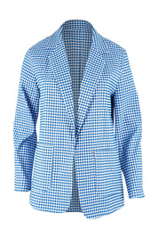 Product shot of the Long Line Blazer in colour Bluecheck (Blue), from the front