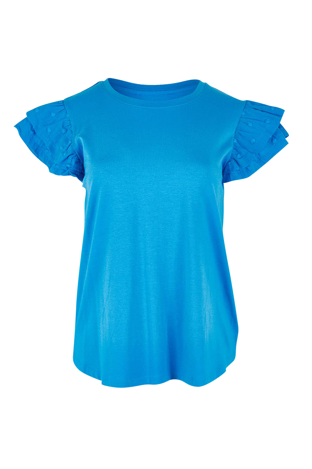 Product shot of the Ruffle Sleeve Top in colour Frenchblue (Blue), from the front