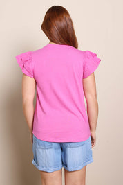 Model Georgiel wearing size 10 of the Ruffle Sleeve Top – Pink in colour Pink, from the back