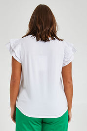 Model Monique wearing size 14 of the Ruffle Sleeve Top in colour White (White), from the back