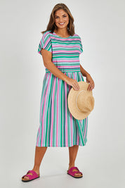 Model Monique wearing size 14 of the Stripe Slouch Dress in colour Striped (Green), from the front, showing the whole outfit