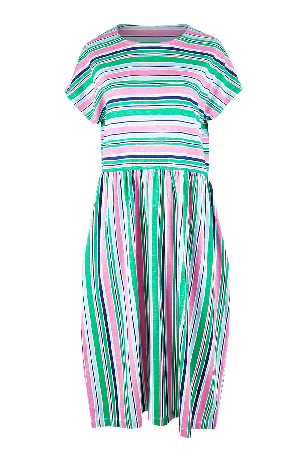 Product shot of the Stripe Slouch Dress in colour Striped (Green), from the front