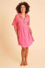Model Olivia wearing size 10 of the Bubble Sleeve Half Placket Dress in colour Mixedpink (Pink), from the front, showing the whole outfit