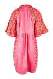 Product shot of the Bubble Sleeve Half Placket Dress in colour Mixedpink (Pink), from the back